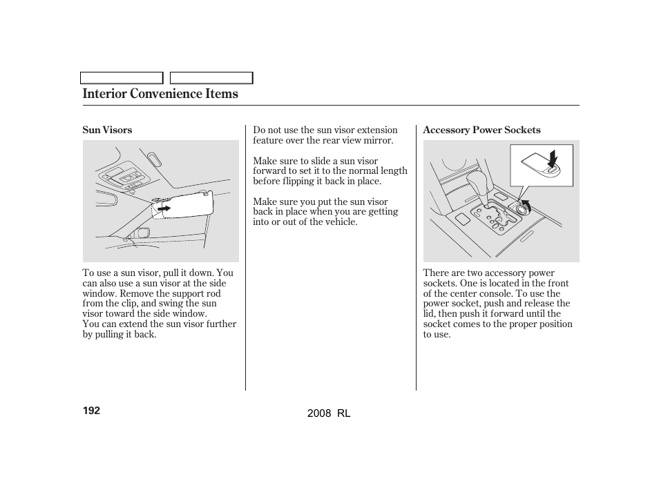 Interior convenience items | Acura 2008 RL User Manual | Page 195 / 500