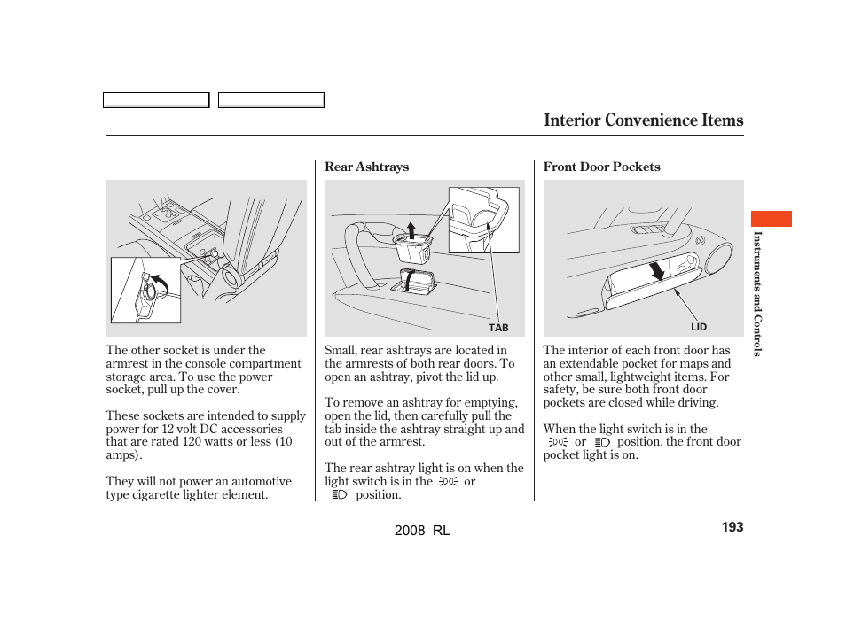 Interior convenience items | Acura 2008 RL User Manual | Page 196 / 500