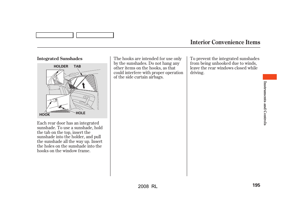 Interior convenience items | Acura 2008 RL User Manual | Page 198 / 500