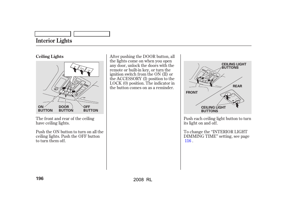 Interior lights | Acura 2008 RL User Manual | Page 199 / 500