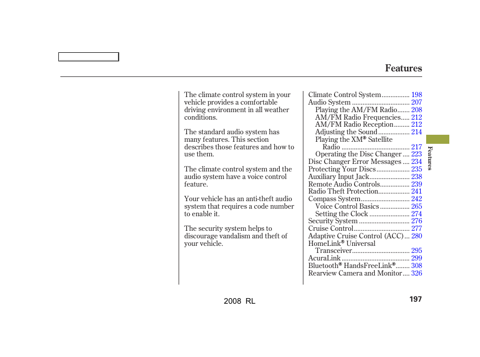 Features | Acura 2008 RL User Manual | Page 200 / 500