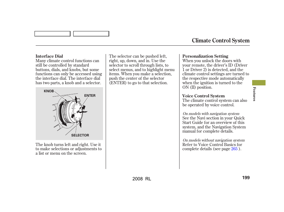 Climate control system | Acura 2008 RL User Manual | Page 202 / 500