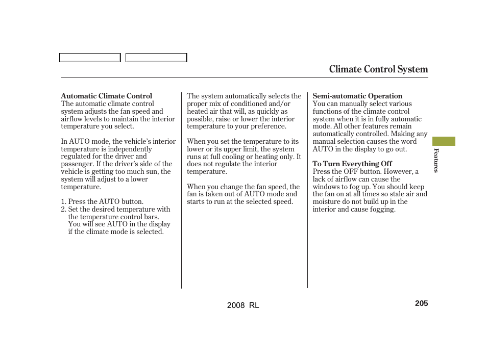 Climate control system | Acura 2008 RL User Manual | Page 208 / 500