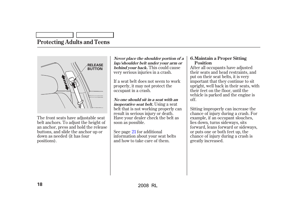 Protecting adults and teens | Acura 2008 RL User Manual | Page 21 / 500