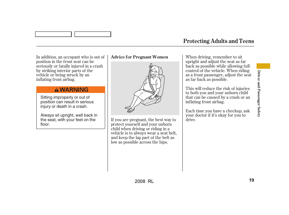 Protecting adults and teens | Acura 2008 RL User Manual | Page 22 / 500