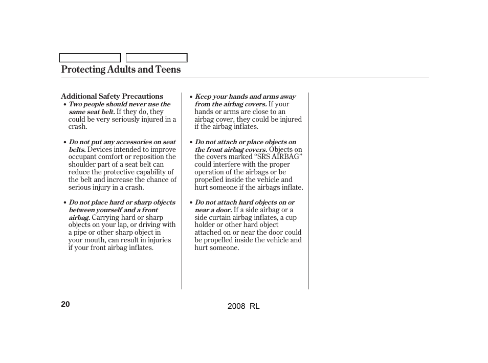 Protecting adults and teens | Acura 2008 RL User Manual | Page 23 / 500