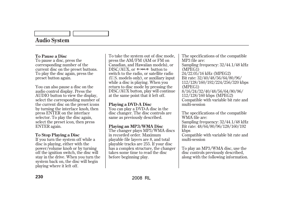 Audio system | Acura 2008 RL User Manual | Page 233 / 500