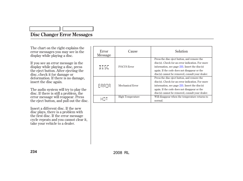 Disc changer error messages | Acura 2008 RL User Manual | Page 237 / 500