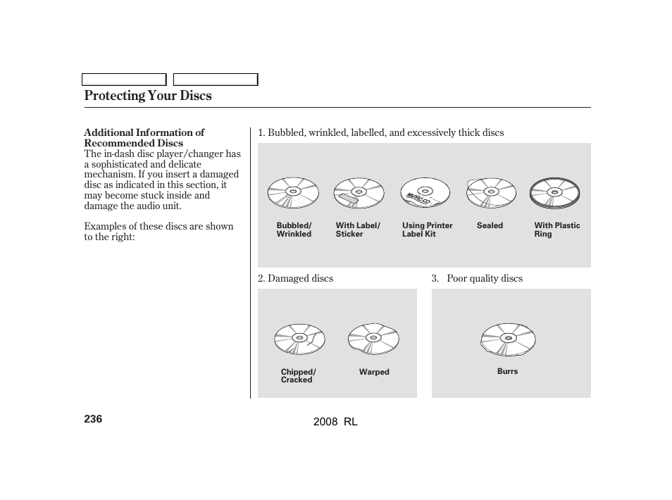 Protecting your discs | Acura 2008 RL User Manual | Page 239 / 500
