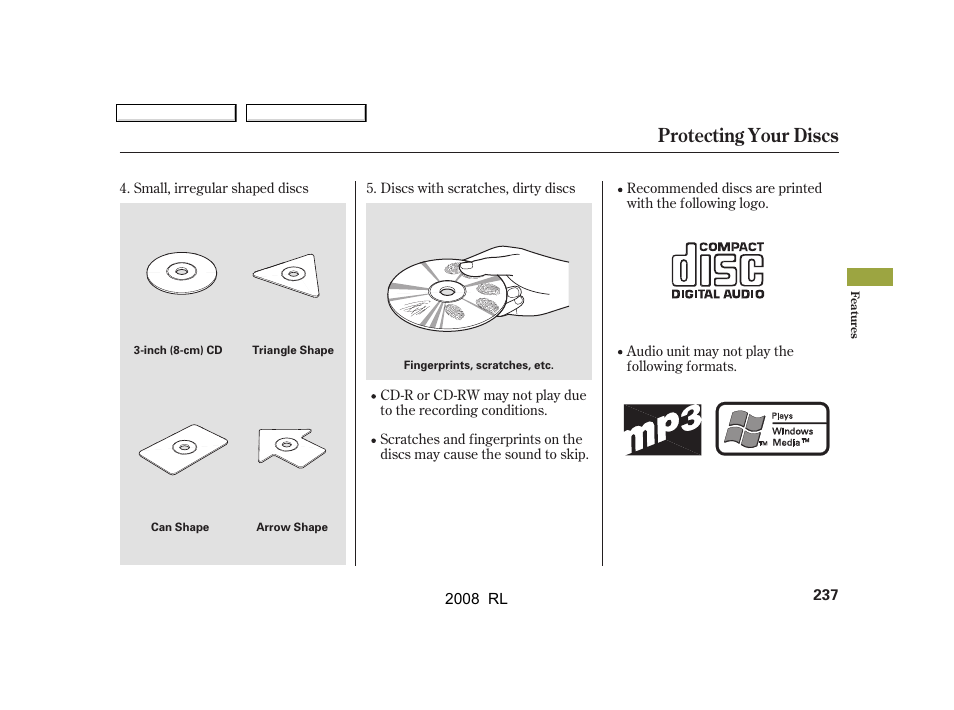 Protecting your discs | Acura 2008 RL User Manual | Page 240 / 500