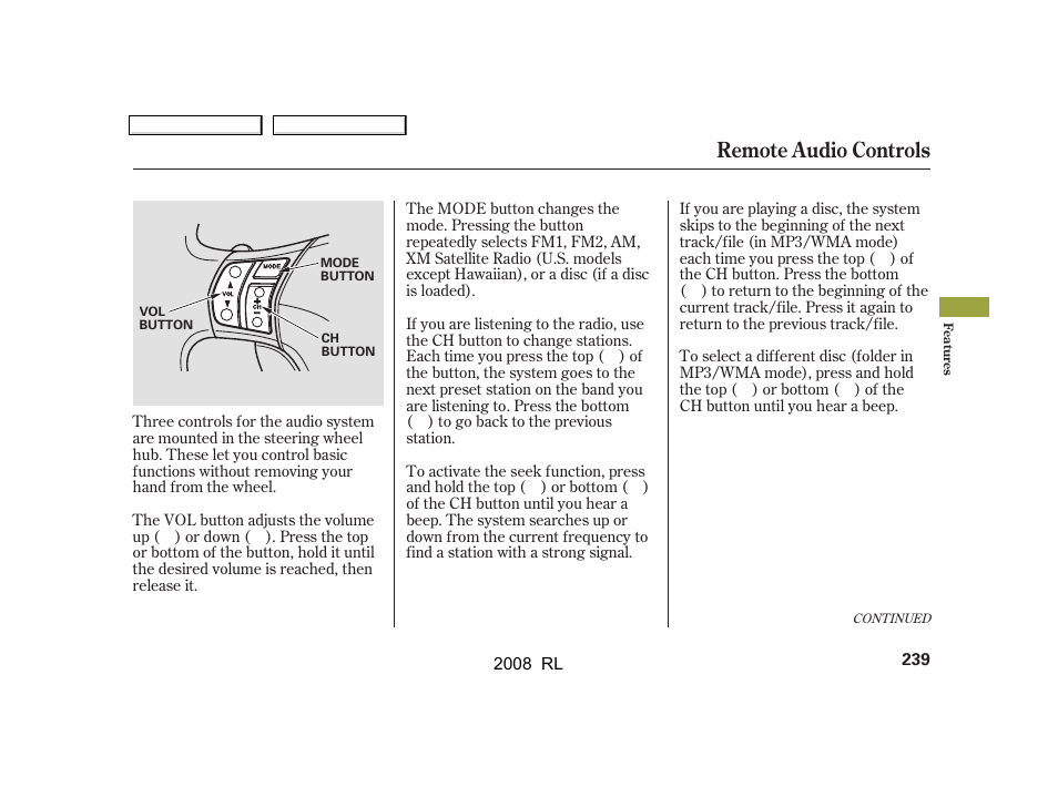 Remote audio controls | Acura 2008 RL User Manual | Page 242 / 500