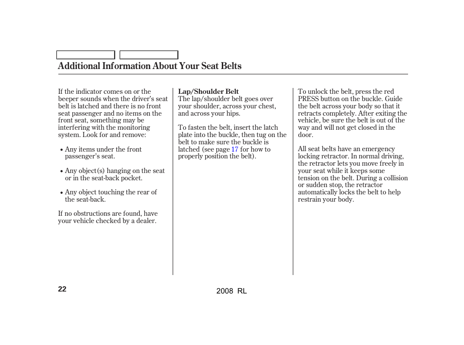Additional information about your seat belts | Acura 2008 RL User Manual | Page 25 / 500