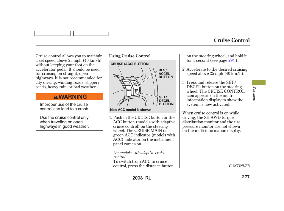 Cruise control | Acura 2008 RL User Manual | Page 280 / 500