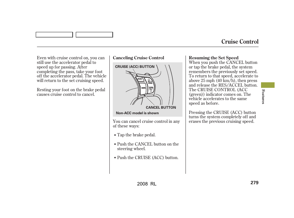 Cruise control | Acura 2008 RL User Manual | Page 282 / 500