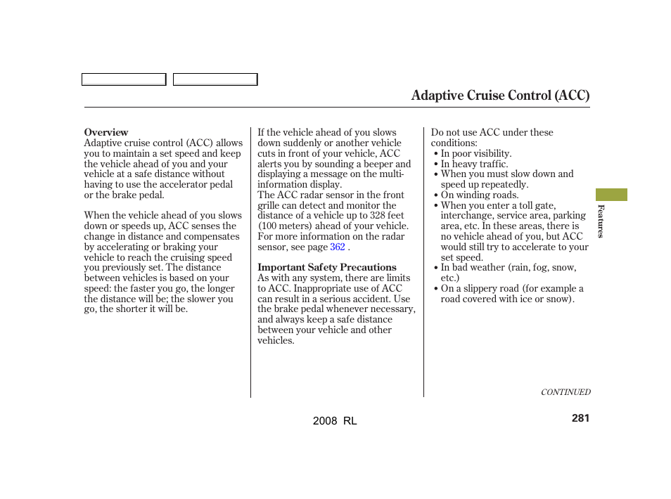 Adaptive cruise control (acc) | Acura 2008 RL User Manual | Page 284 / 500