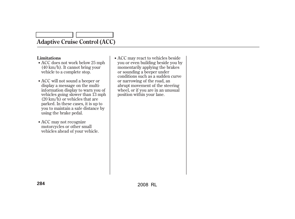 Adaptive cruise control (acc) | Acura 2008 RL User Manual | Page 287 / 500