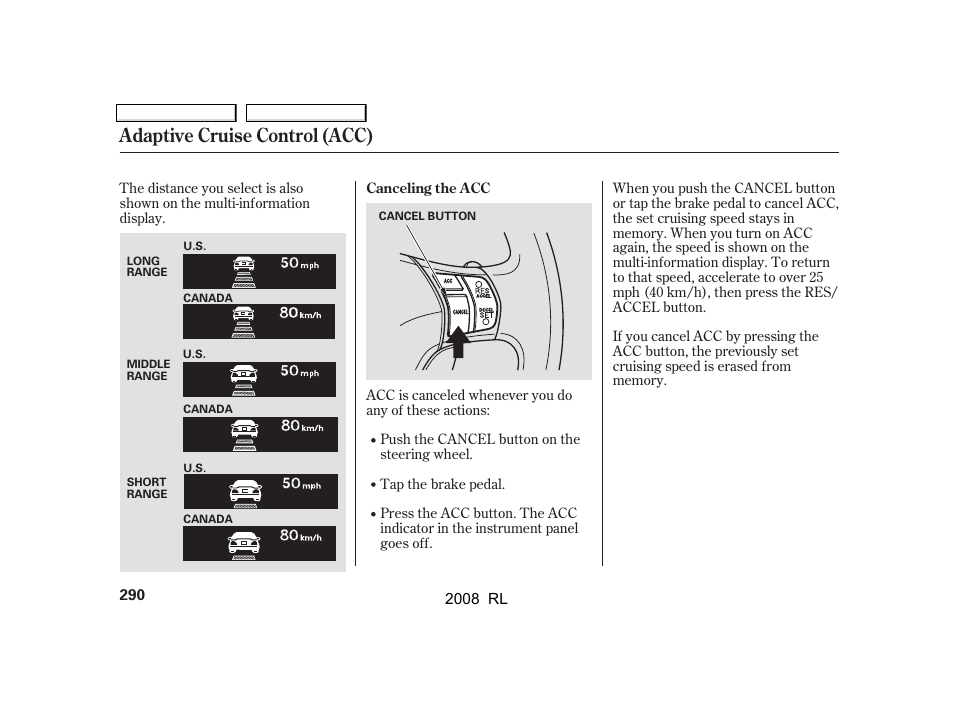 Adaptive cruise control (acc) | Acura 2008 RL User Manual | Page 293 / 500
