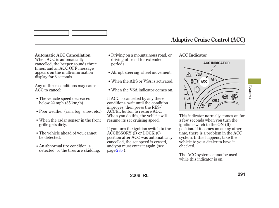 Adaptive cruise control (acc) | Acura 2008 RL User Manual | Page 294 / 500