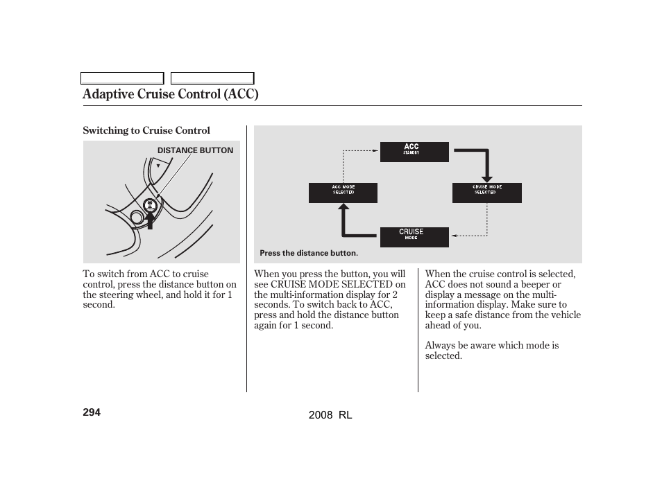 Adaptive cruise control (acc) | Acura 2008 RL User Manual | Page 297 / 500