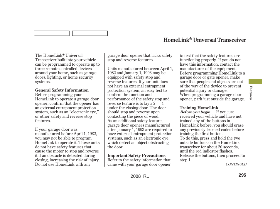 Homelink universal transceiver | Acura 2008 RL User Manual | Page 298 / 500