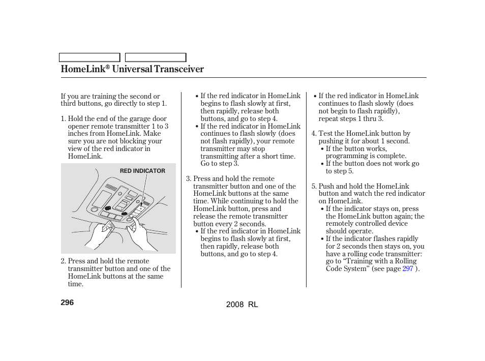 Homelink universal transceiver | Acura 2008 RL User Manual | Page 299 / 500