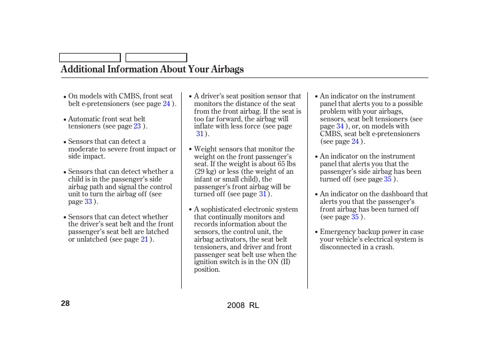 Additional information about your airbags | Acura 2008 RL User Manual | Page 31 / 500