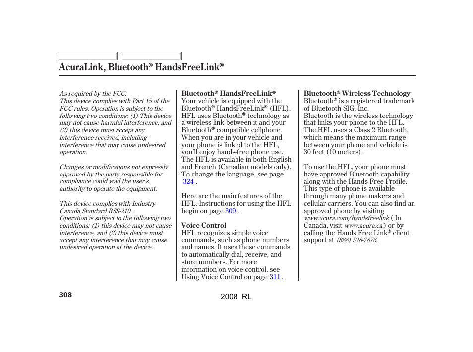 Acuralink, bluetooth handsfreelink | Acura 2008 RL User Manual | Page 311 / 500