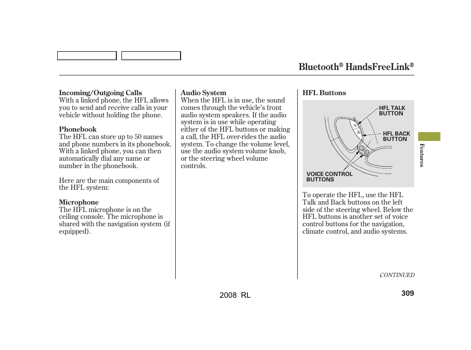 Bluetooth handsfreelink | Acura 2008 RL User Manual | Page 312 / 500