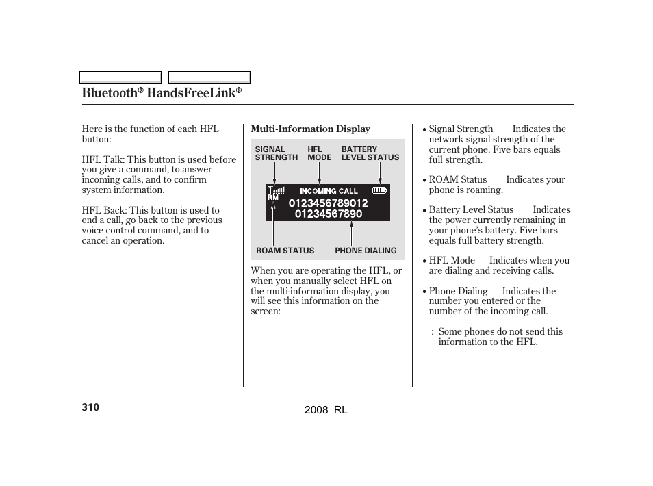Bluetooth handsfreelink | Acura 2008 RL User Manual | Page 313 / 500