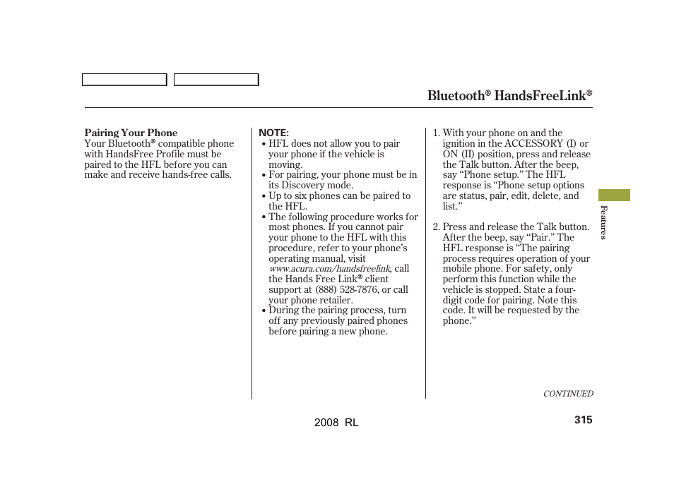 Bluetooth handsfreelink | Acura 2008 RL User Manual | Page 318 / 500