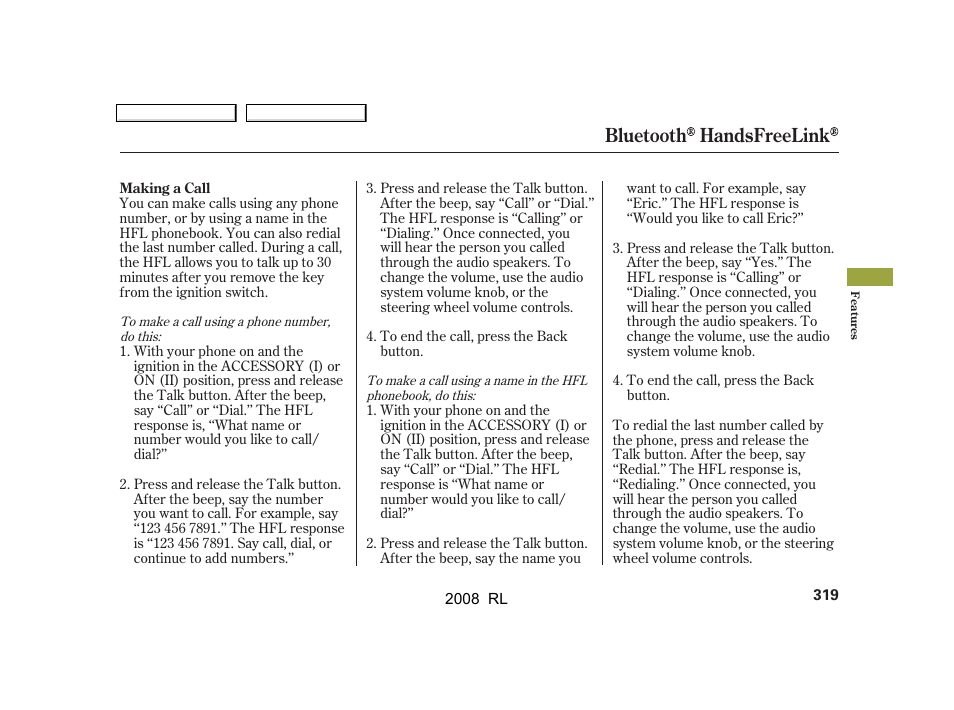 Bluetooth handsfreelink | Acura 2008 RL User Manual | Page 322 / 500