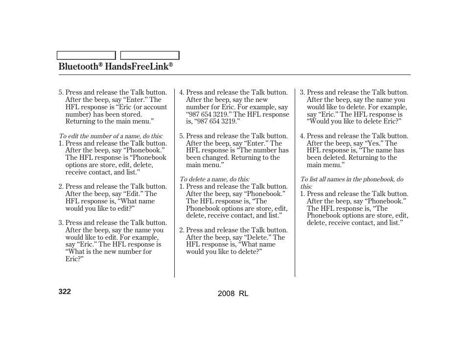 Bluetooth handsfreelink | Acura 2008 RL User Manual | Page 325 / 500