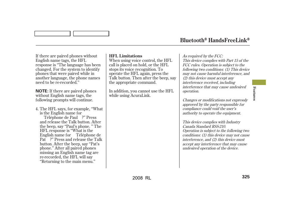Bluetooth handsfreelink | Acura 2008 RL User Manual | Page 328 / 500