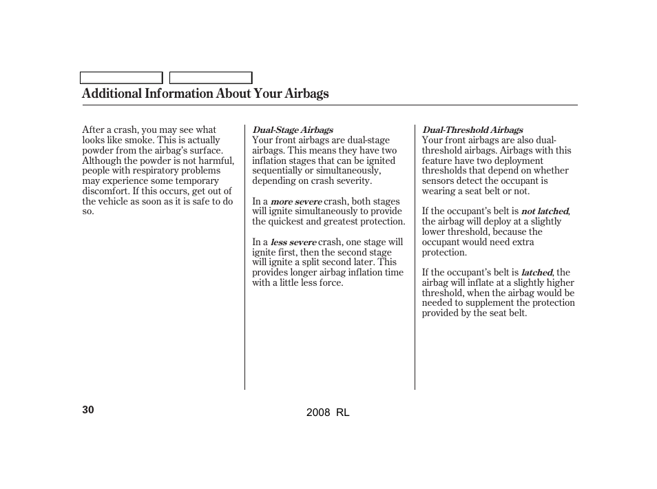 Additional information about your airbags | Acura 2008 RL User Manual | Page 33 / 500