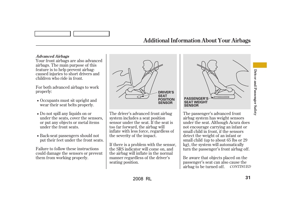 Additional information about your airbags | Acura 2008 RL User Manual | Page 34 / 500