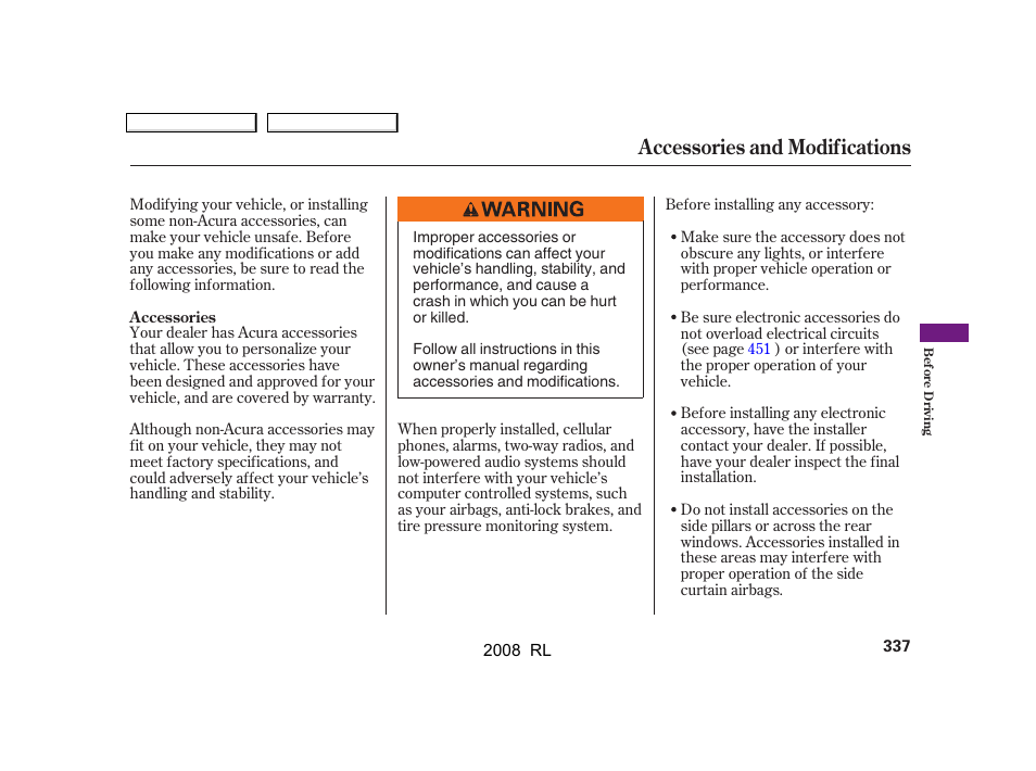 Accessories and modifications | Acura 2008 RL User Manual | Page 340 / 500