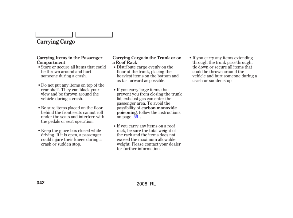 Carrying cargo | Acura 2008 RL User Manual | Page 345 / 500