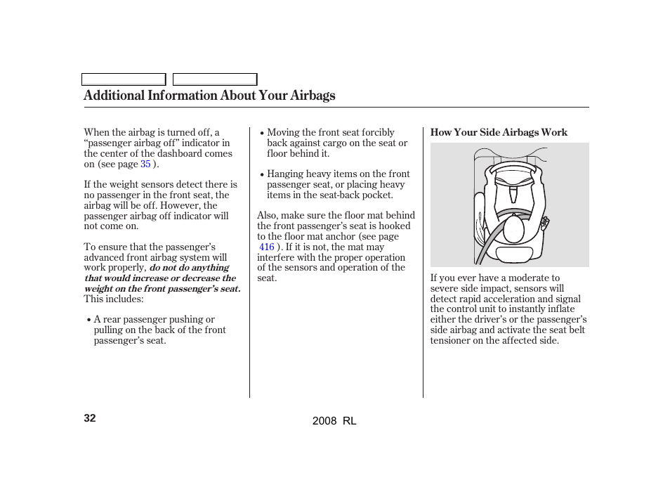 Additional information about your airbags | Acura 2008 RL User Manual | Page 35 / 500