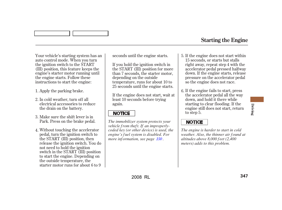 Starting the engine | Acura 2008 RL User Manual | Page 350 / 500