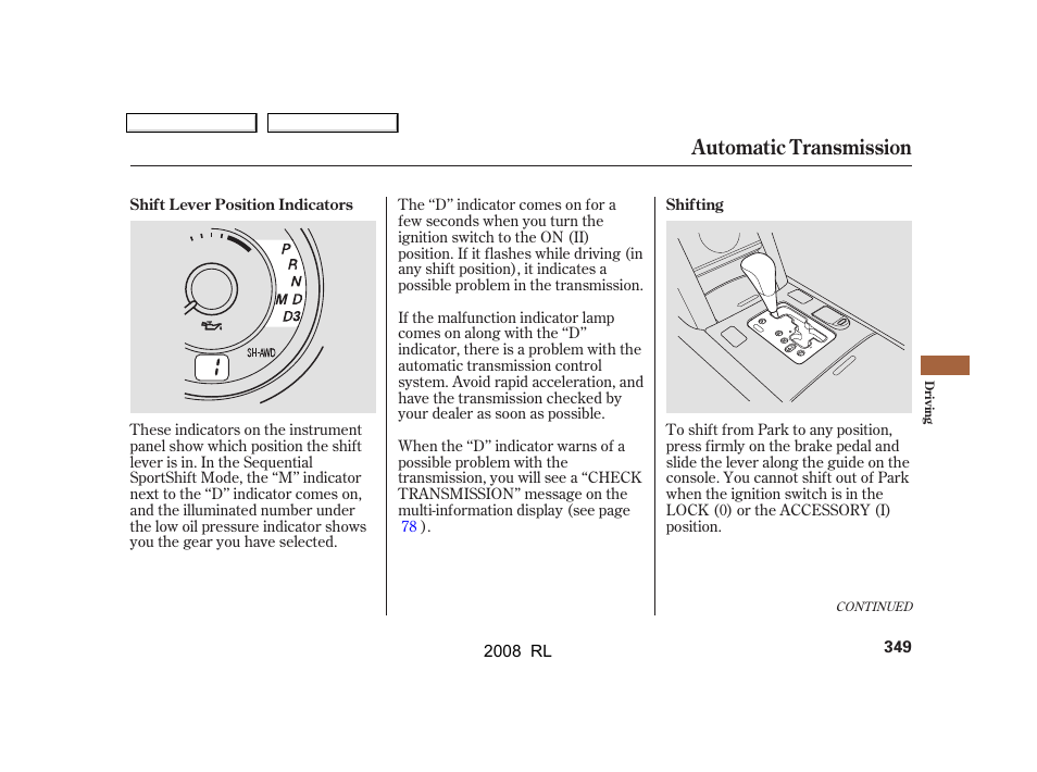 Automatic transmission | Acura 2008 RL User Manual | Page 352 / 500