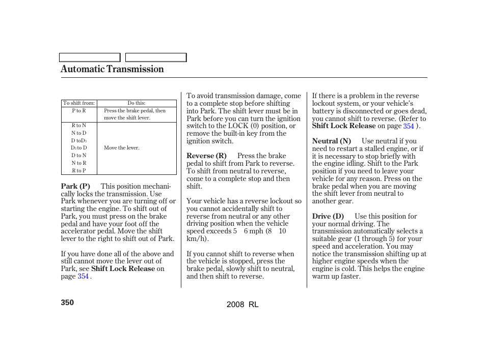 Automatic transmission | Acura 2008 RL User Manual | Page 353 / 500