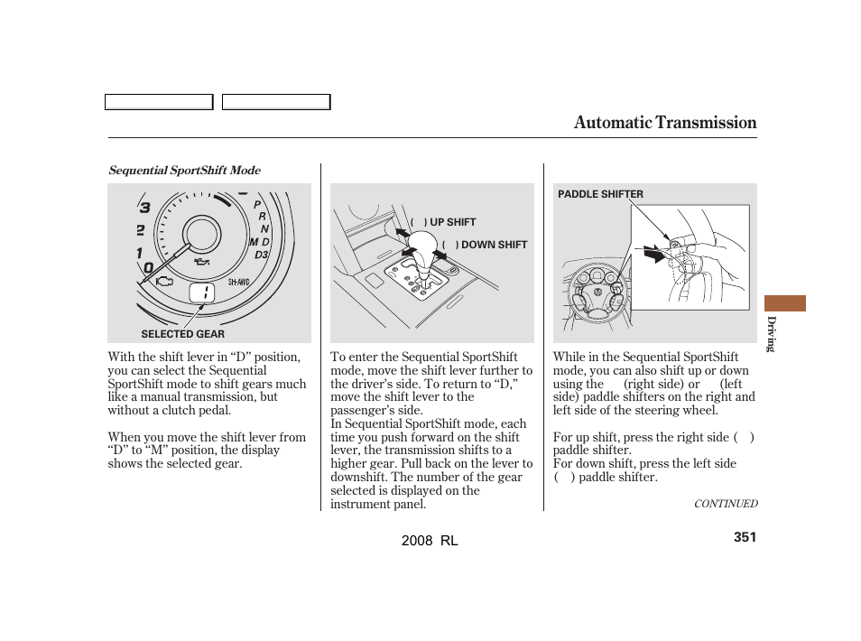 Automatic transmission | Acura 2008 RL User Manual | Page 354 / 500