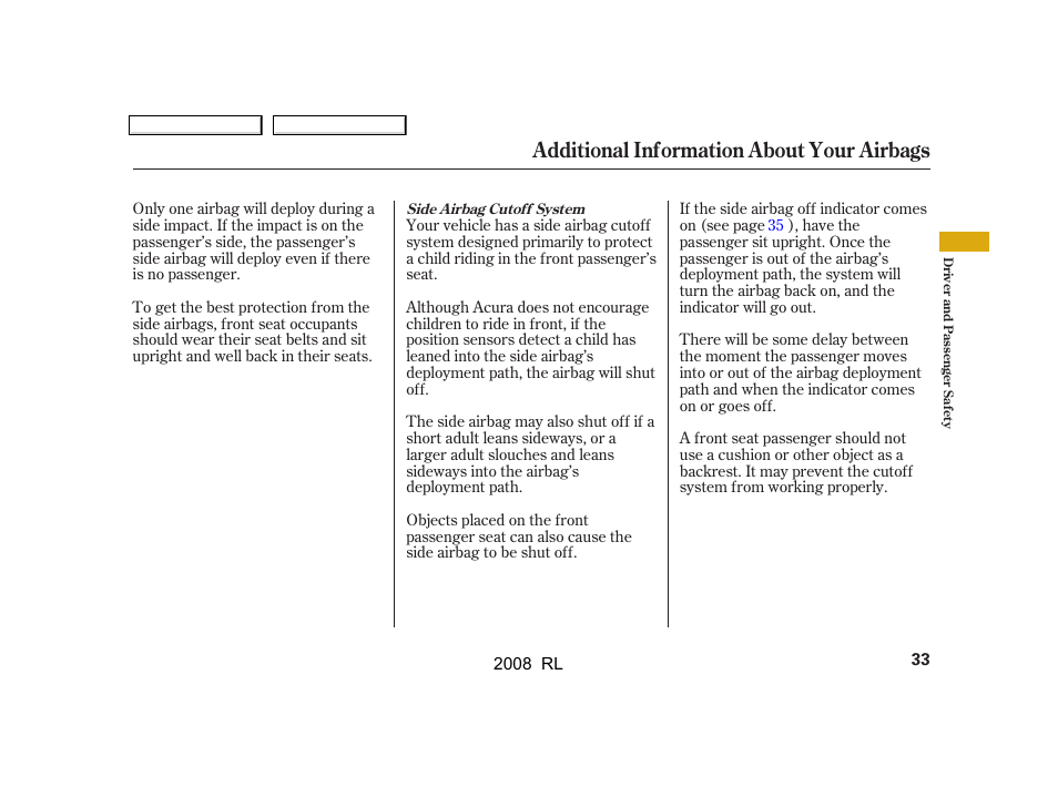 Additional information about your airbags | Acura 2008 RL User Manual | Page 36 / 500