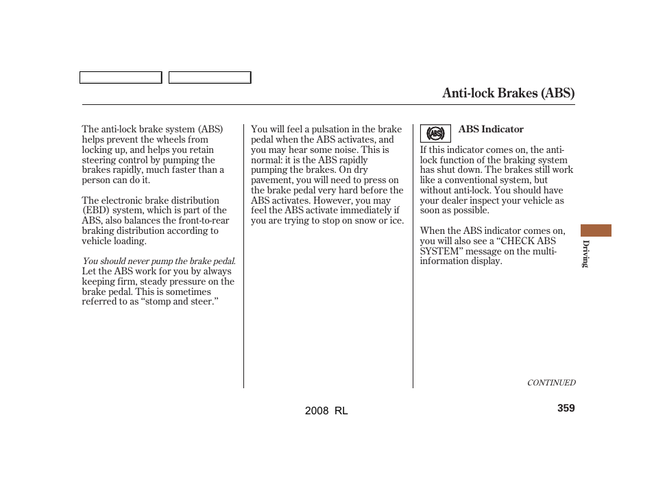 Anti-lock brakes (abs) | Acura 2008 RL User Manual | Page 362 / 500