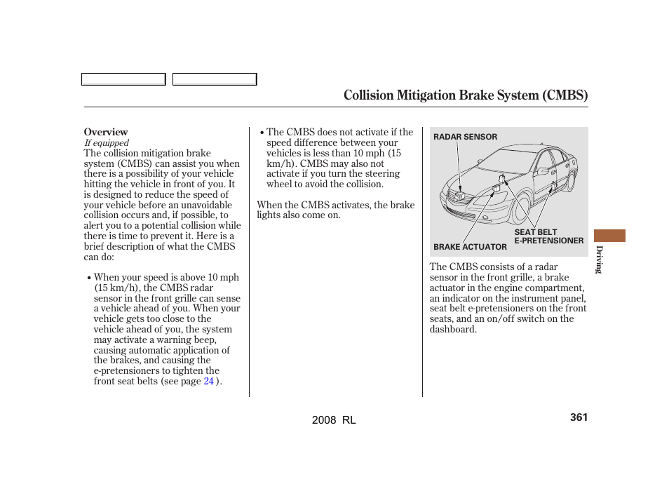 Collision mitigation brake system (cmbs) | Acura 2008 RL User Manual | Page 364 / 500