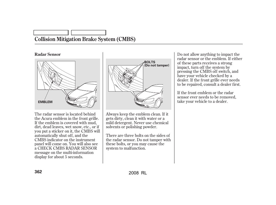 Collision mitigation brake system (cmbs) | Acura 2008 RL User Manual | Page 365 / 500