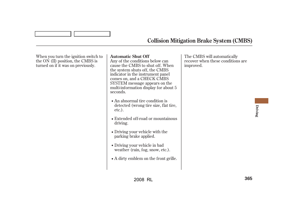 Collision mitigation brake system (cmbs) | Acura 2008 RL User Manual | Page 368 / 500
