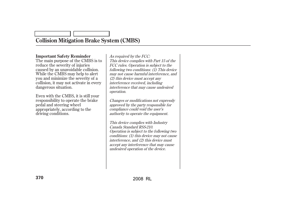 Collision mitigation brake system (cmbs) | Acura 2008 RL User Manual | Page 373 / 500