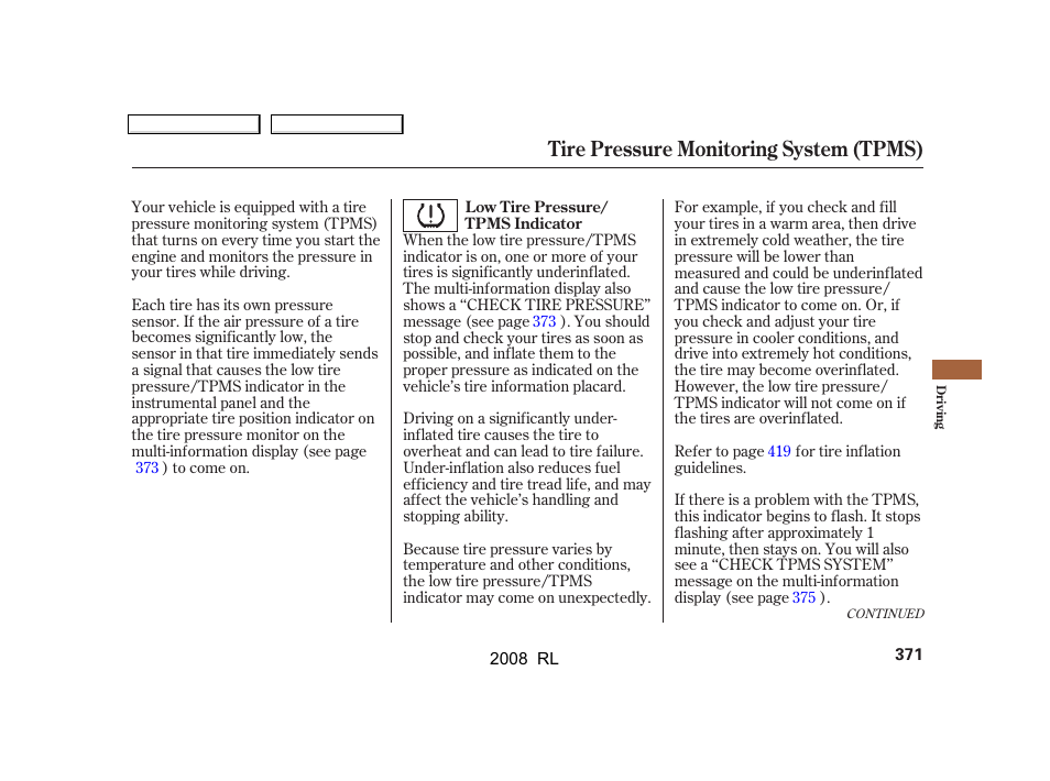 Tire pressure monitoring system (tpms) | Acura 2008 RL User Manual | Page 374 / 500
