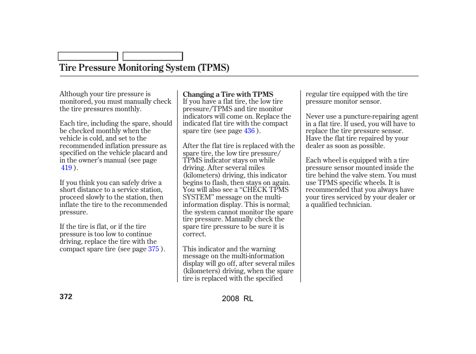 Tire pressure monitoring system (tpms) | Acura 2008 RL User Manual | Page 375 / 500